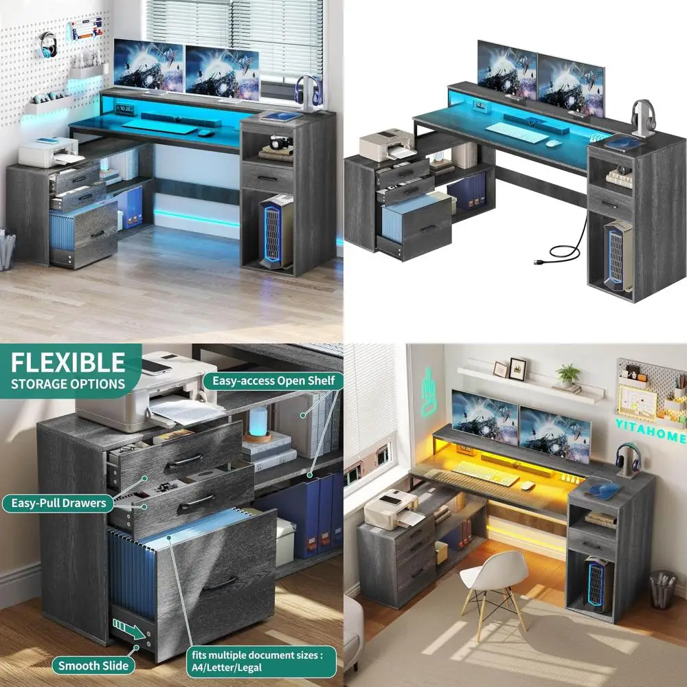 

Угловой стол L-образной формы 59 дюймов с местом для хранения, розетками, светодиодной подсветкой и подставкой для принтера - серый, для домашнего офиса