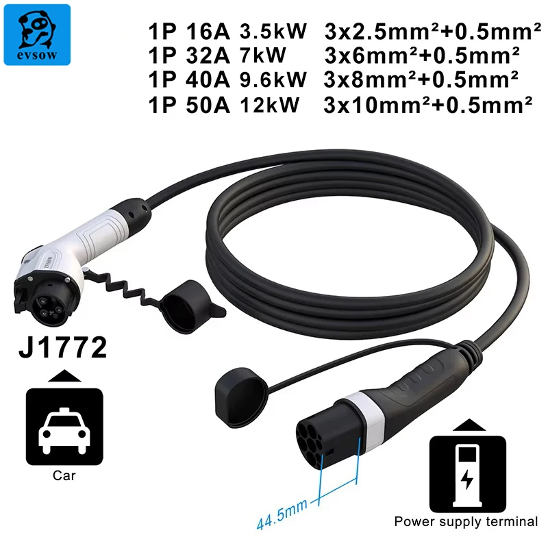 Evsow-Cable de carga EV tipo 2 a Tipo 1 para vehículo eléctrico, estación de carga hembra a macho, 50A, 12kW, 1P, 5M