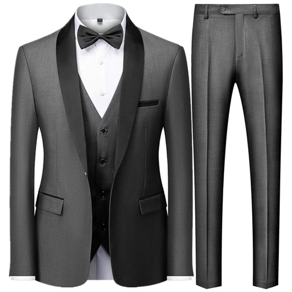 Men\'s British Style Slim Suit 3 Piece Set Jacket Vest Pants / Male Business Gentleman High End Custom Dress Blazers Coat  S-6XL