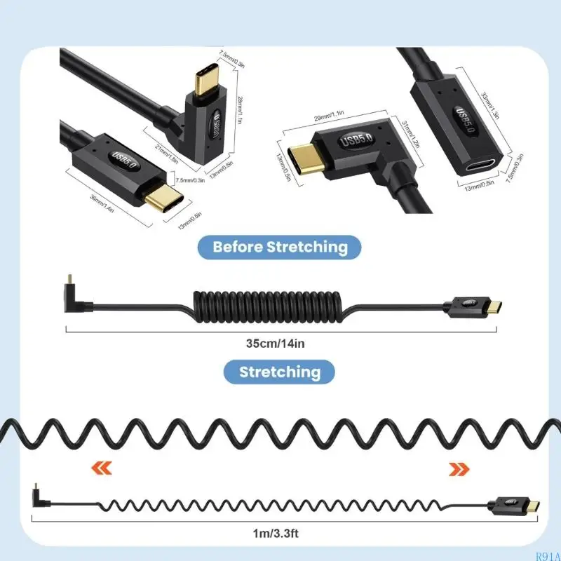 R91A Advanced USB5 Type C Extension Cable 80GBPS سرعة البيانات PD240W الشاشات المزدوجة