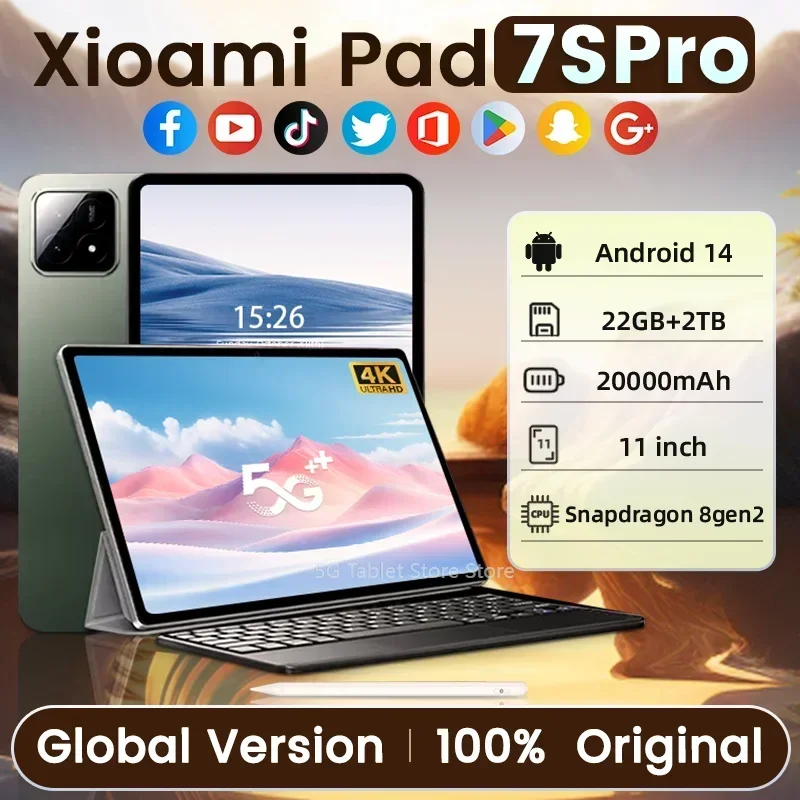 Планшет New7S Pro 2025 с экраном Snapdragon 8gen2 4K, 22 ГБ ОЗУ, 2 ТБ, память Android 14, двухрежимная система 5G и Wi-Fi, 20000 мАч