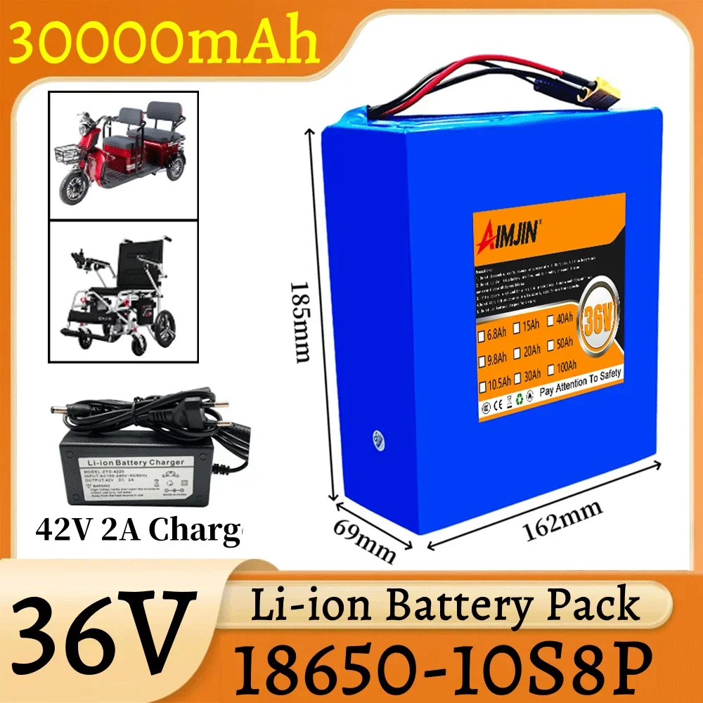 brand new 10S8P A-class battery pack 36V 30Ah 18650 lithium built-in BMS, 1500W high-power for various energy storage backup