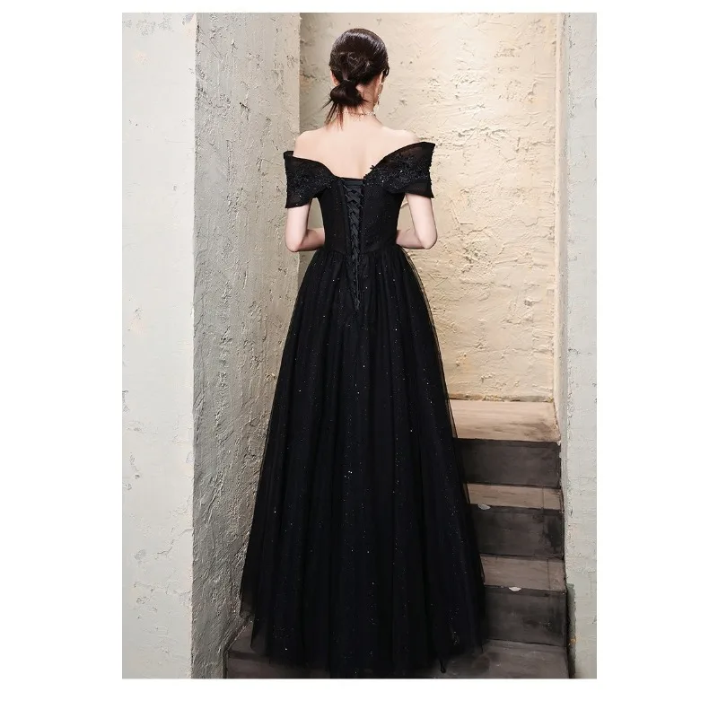 2025 novo vestido de noite preto brilhante de um ombro feminino elegante banquete temperamento de alta qualidade pequeno exame de arte vestido anfitrião