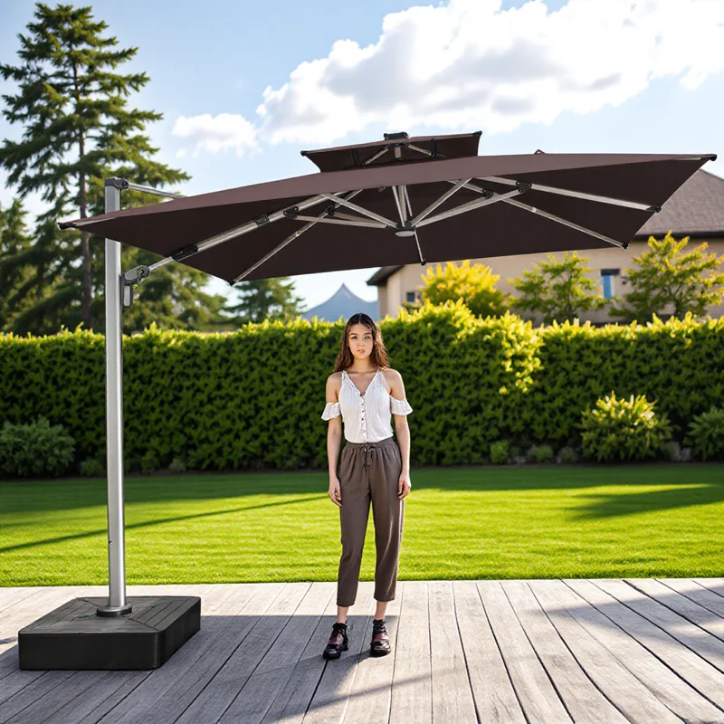 110mm Aluminum Pole Heavy Duty LED Patio Umbrella 360 Degree Rotatable 10000mAh Rechargeable Waterproof Commercial Parasol