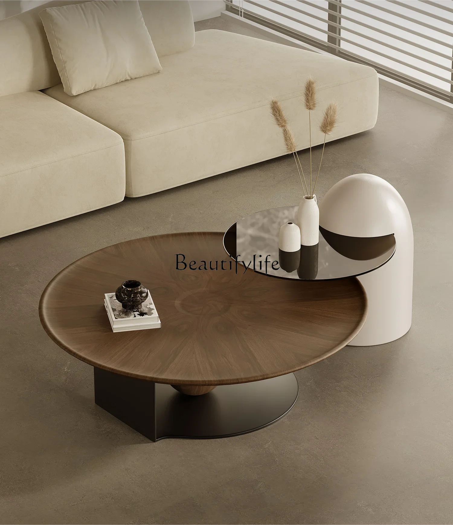 Modern Simple Coffee Table Living Room Home Italian Minimalist round Veneer of Juglans Regia Coffee Table