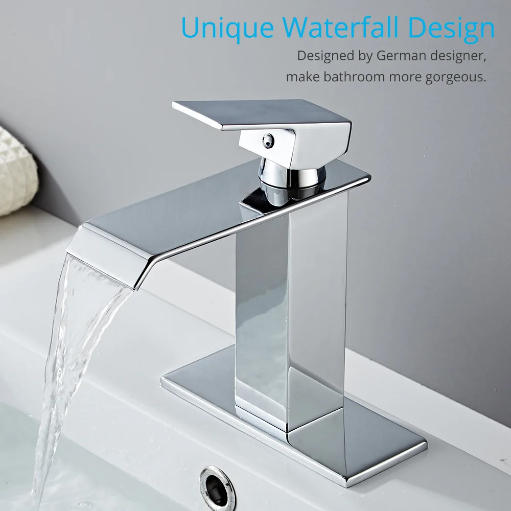 

Waterfall Bathroom Faucet Basin Sink Mixer Faucet Single Handle Bathroom Cold and Hot Water Tap With DeckPlate With Pop Up Drain