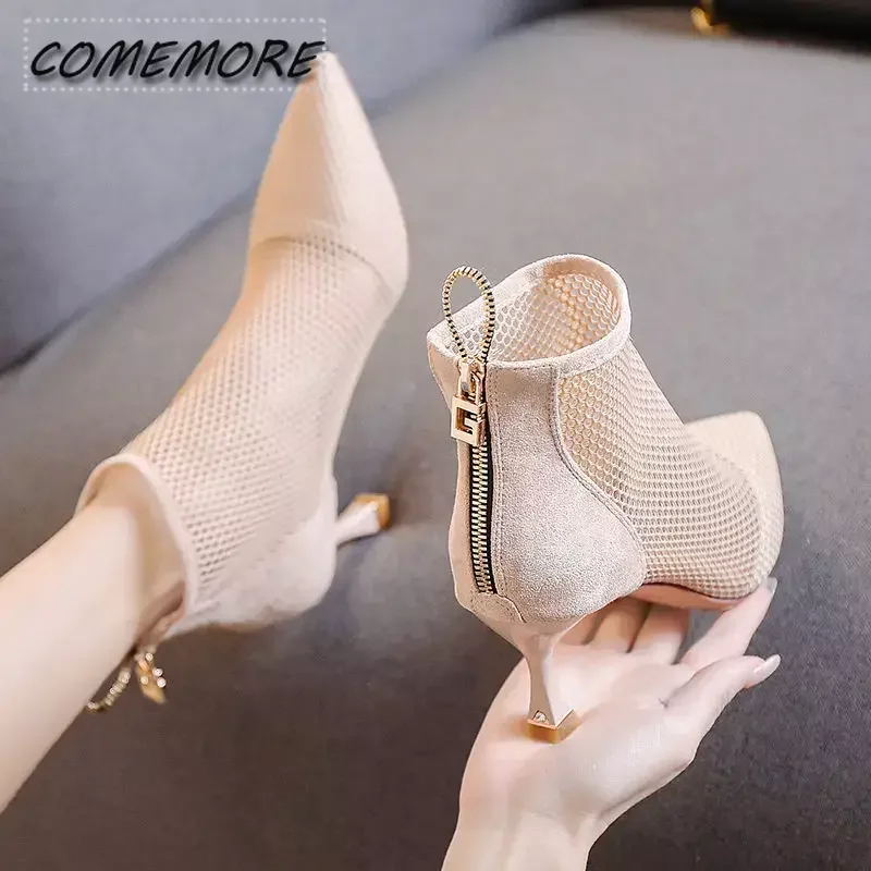 2024 New Women’s Mesh Sandals Boots Sexy Summer High Heels Holllow Out Breathable Casual Shoes Ankle Botas Back Zip Pointed Toe