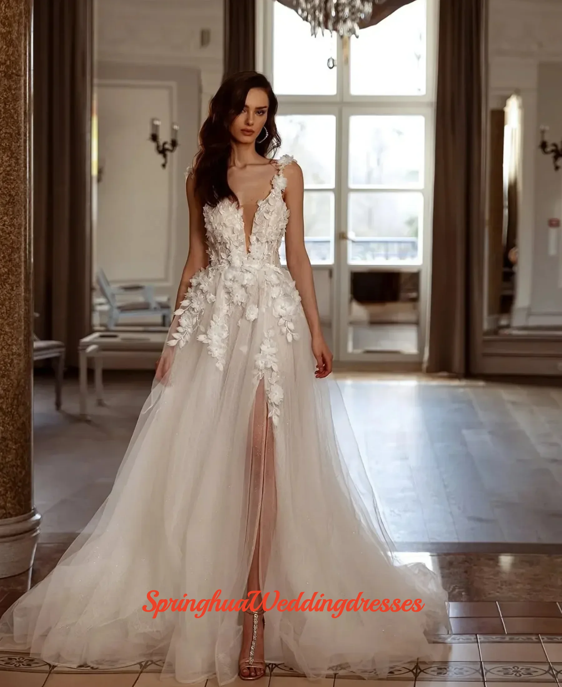 Customized Sexy 3D Flowers Front Silt Applique Sweep Train A-Line V-Neck Fairy Garden Wedding Dress Vestidos De Novia