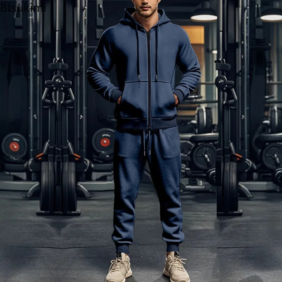 2025 New Men's Hoodies Sets Thicken Fleece Warm Long Sleeve Zipper Sweatshirts Pants 2 Piece Sets Autumn Winter Tracksuits Male