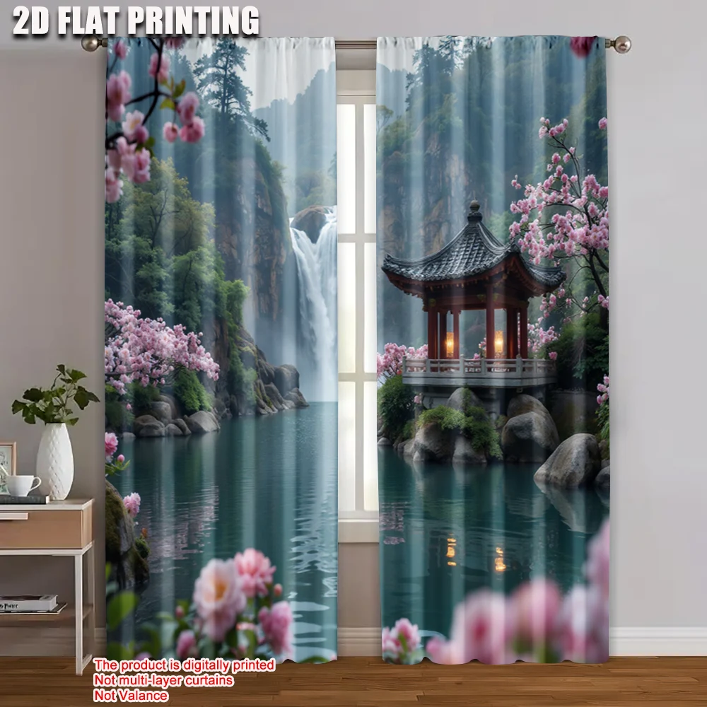 2 Stück 2D-Flachdruck-Vorhang, Landschaft, Wasserfall, asiatische Gartenlandschaft, vielseitiger Polyesterstoff ohne Strom, Familie