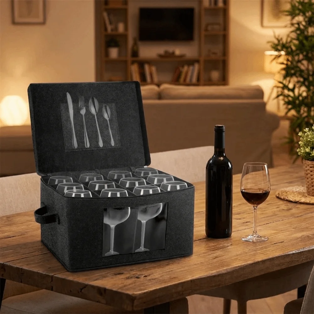 Felt Wine Glass Storage Box Dust-proof Hard Shell Stemware Storage Container Space Saving Folding Wine Glass Display Case