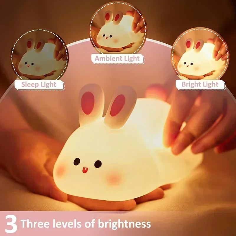 Rabbit Night Light Silicone Nursery Cute Sleeping Lamp USB Rechargeable Touch Switch Control Table Led for Child Girlfriend Gift