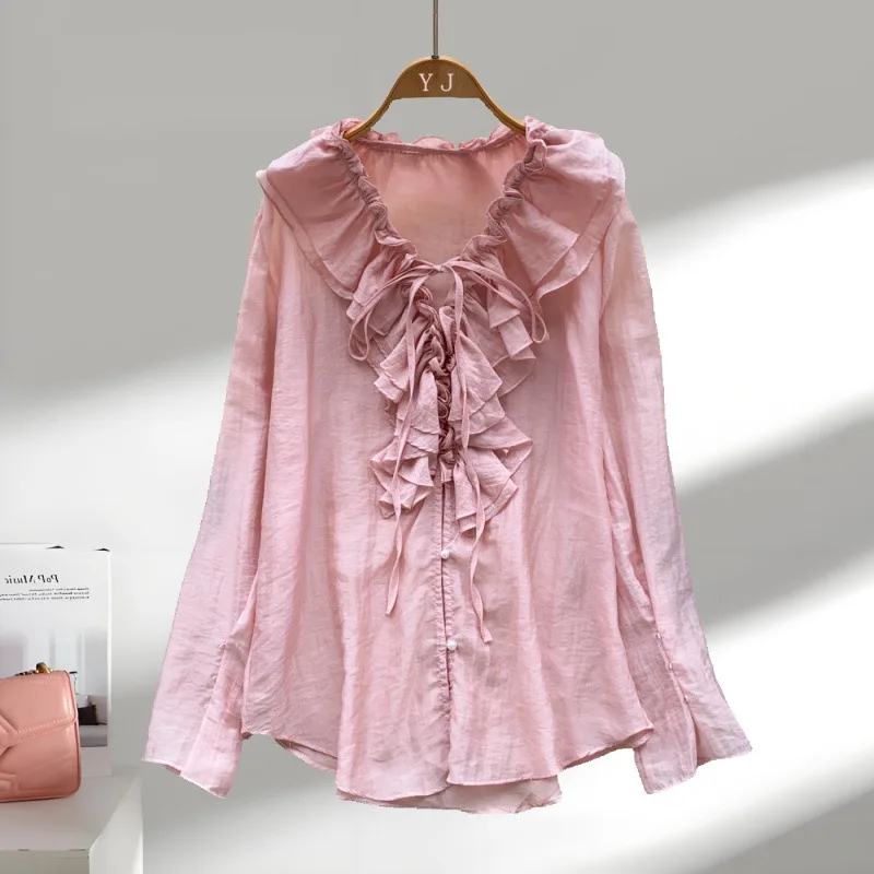 

Palace Style Long Sleeve Shirt For Women, Autumn Ruffled Tie Collar, Loose Design, Mature And Elegant Top