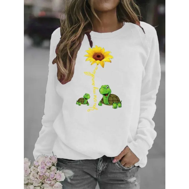 Women's Humorous Flower Turtle Crew Neck Hoodie Aesthetic Streetwear Sweatshirt Warmth Street Fashion Women's Clothing
