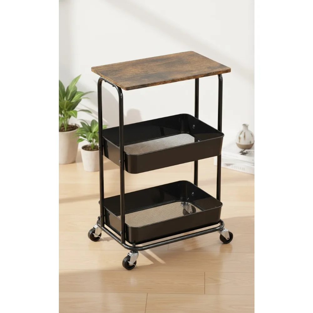 عربة أدوات دوارة بطبقتين مع عجلات قابلة للقفل وسطح خشبي - منظم تخزين المطبخ والحمام والمكتب