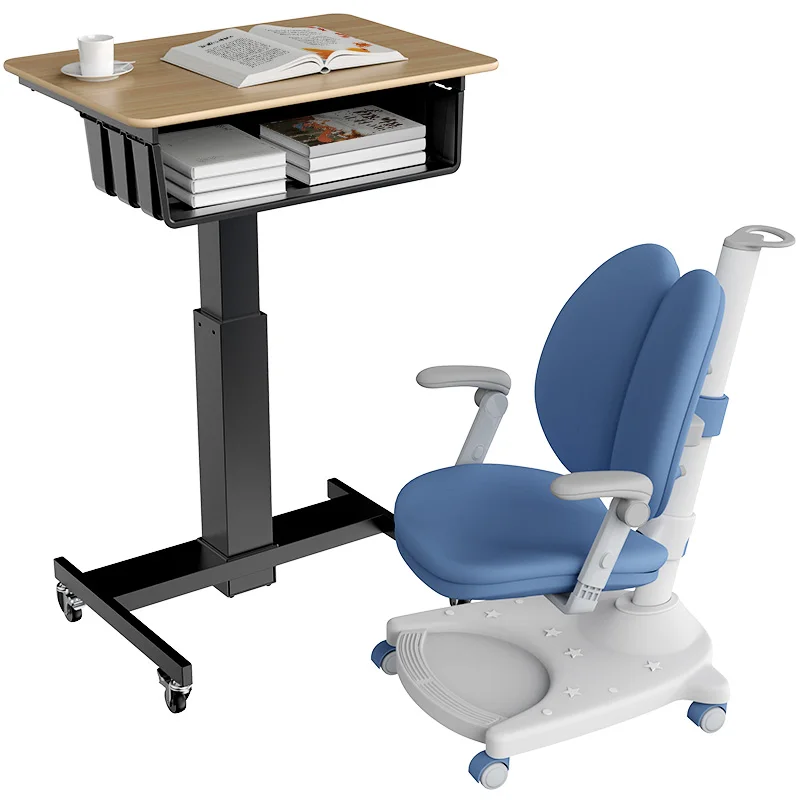 Children's writing desk, small apartment mobile desk, primary school student home simple desk with bookcase, hydraulic lifting