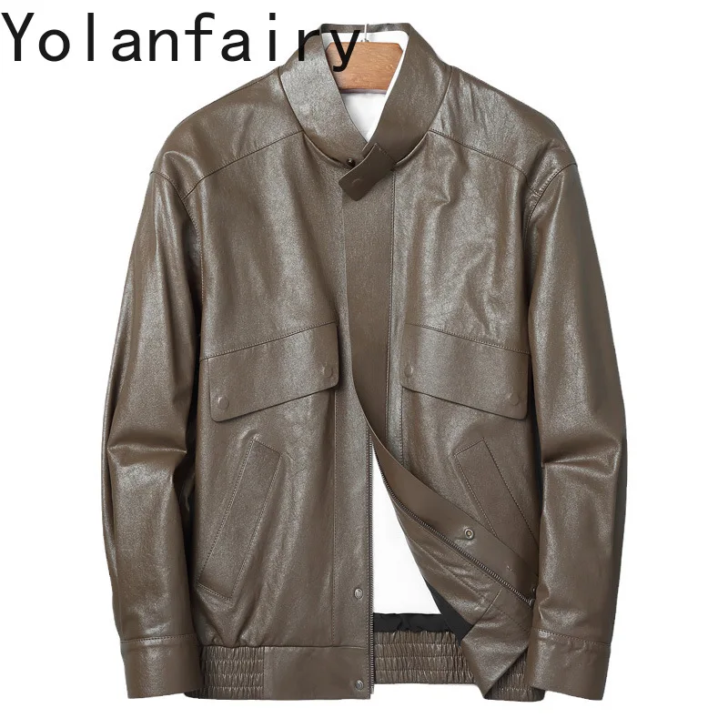 YOLANFARIY Genuine Leather Jacket Men Autumn Winter Coats Sheepskin Motorcycle Jackets Mens Clothing Short Style Manteaux Homme