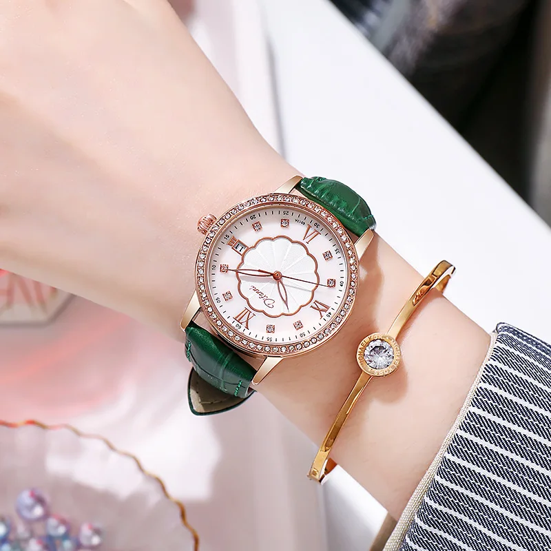Stainless Steel Pearl Shell Design Diamond Luminous Waterproof Self-Wind Automatic Mechanical Watch for Women