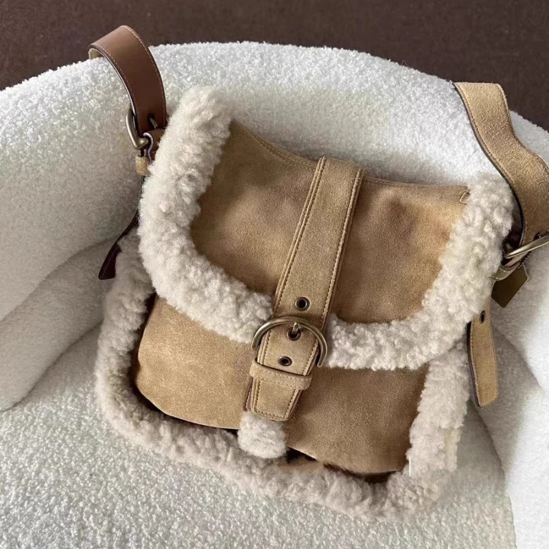 Luxury Design Patchwork Fluffy Crossbody Bag Casual Women Vintage Trendy Handbags Streetwear Fashion Y2k Aesthetic Shoulder Bags