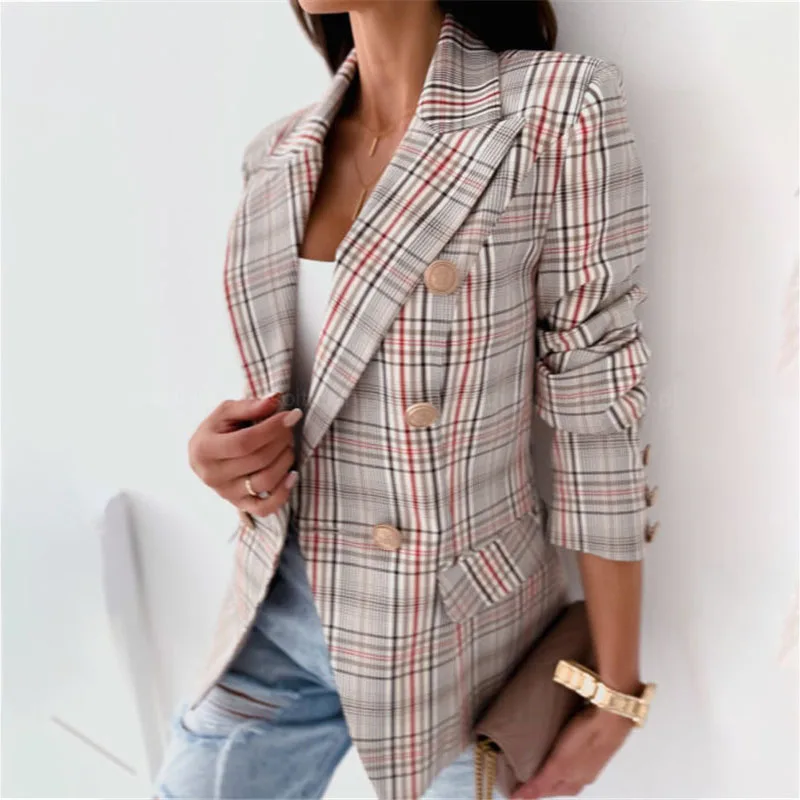 Women\'s Clothing Lattice Suit Western-Style Lapel Button Lid Pocket Fashion
