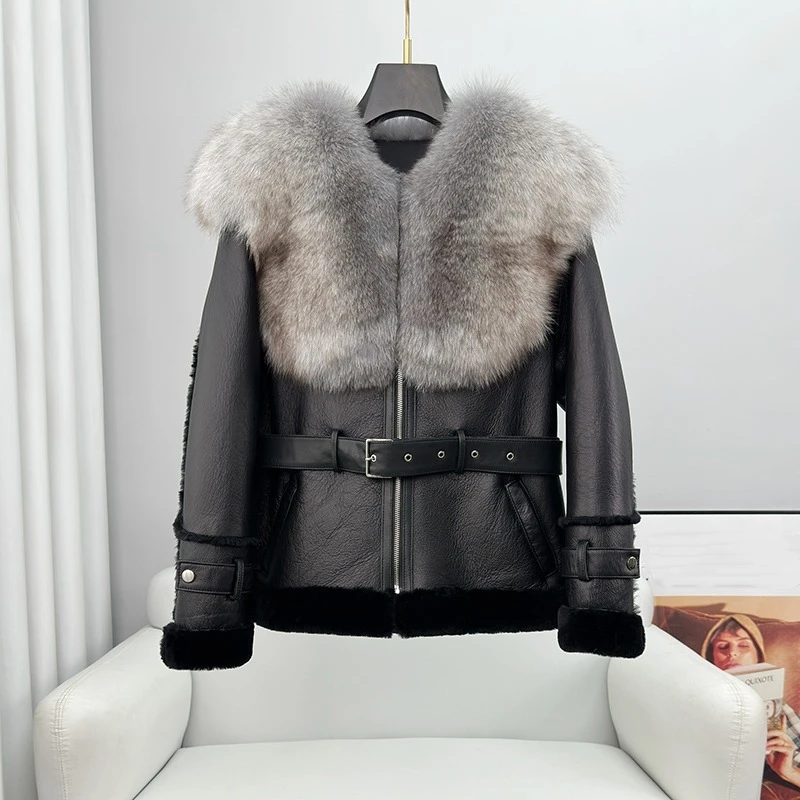 

PUDI 2024 Winter New Natural Sheep Leather& Fur Warm Coat Fox Fur Collar Women's Skinny Luxury Jacket CT411