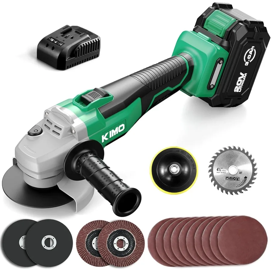 KIMO Cordless Grinder 20V Cordless Angle Grinder w 3.0Ah Li-Ion Battery and Charger 9000RPM Brushless Motor 4-1 2'' Blade Elect