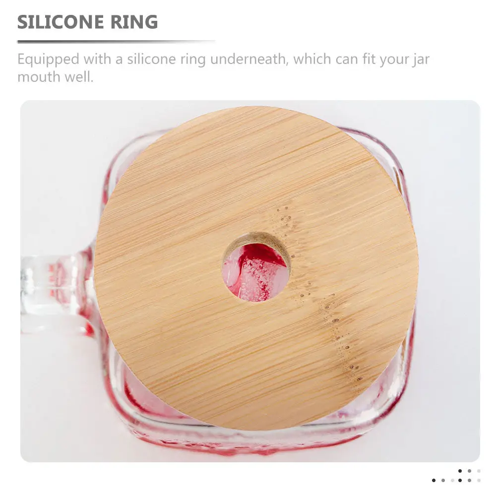 6Pcs Bamboo Jar Lids Silicone Ring Yogurt Pudding Bottle Covers Round Glass Jar Straw Hole Lids Kitchen Home Camping Reusable