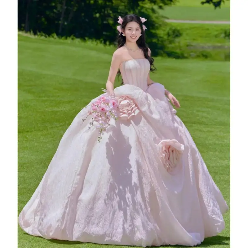 Strapless Wedding Dress Pink Sleeveless Colored Gauze Three-dimensional Flower New Dress Studio Lawn Wedding Dress Customized