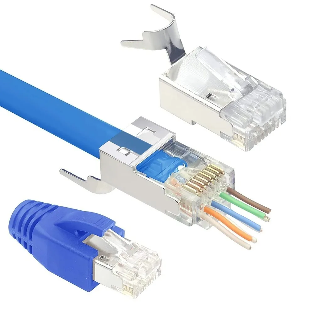 10/30/50PCS Cat7 Cat6A Shielded Pass Through RJ45 Connectors,50μ Modular Plugs With Strain Relief Boots For LAN Cable Crimping