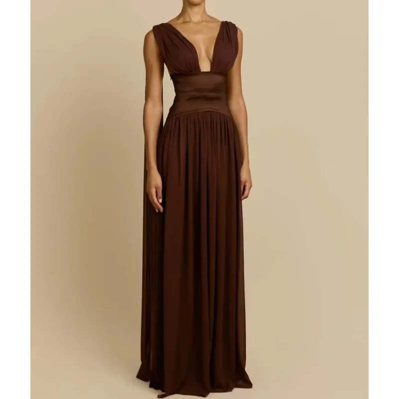 Deep V Neck Backless Sexy Maxi Dress Women Elegant Sleeveless Backless Bodycon Pleated Club Party Long Dress Female