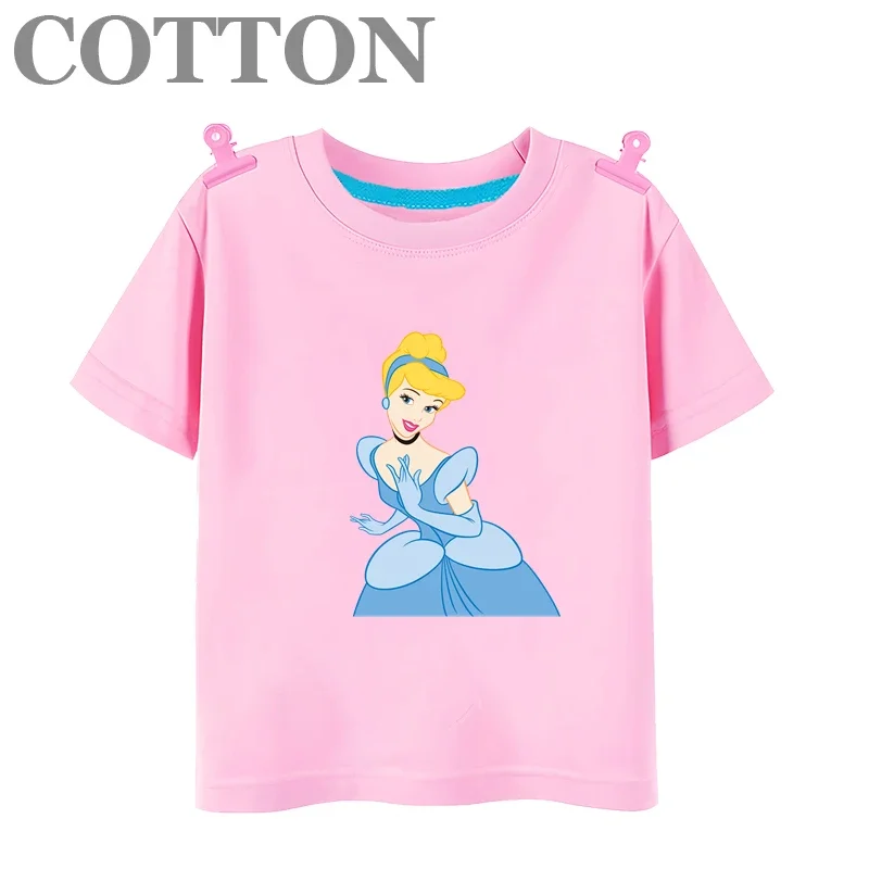 Disney Elegant Cinderella Princess Anime Summer Fashion Cotton Children\'s Cartoon T-shirt Round Neck Casual Short Sleeve Print