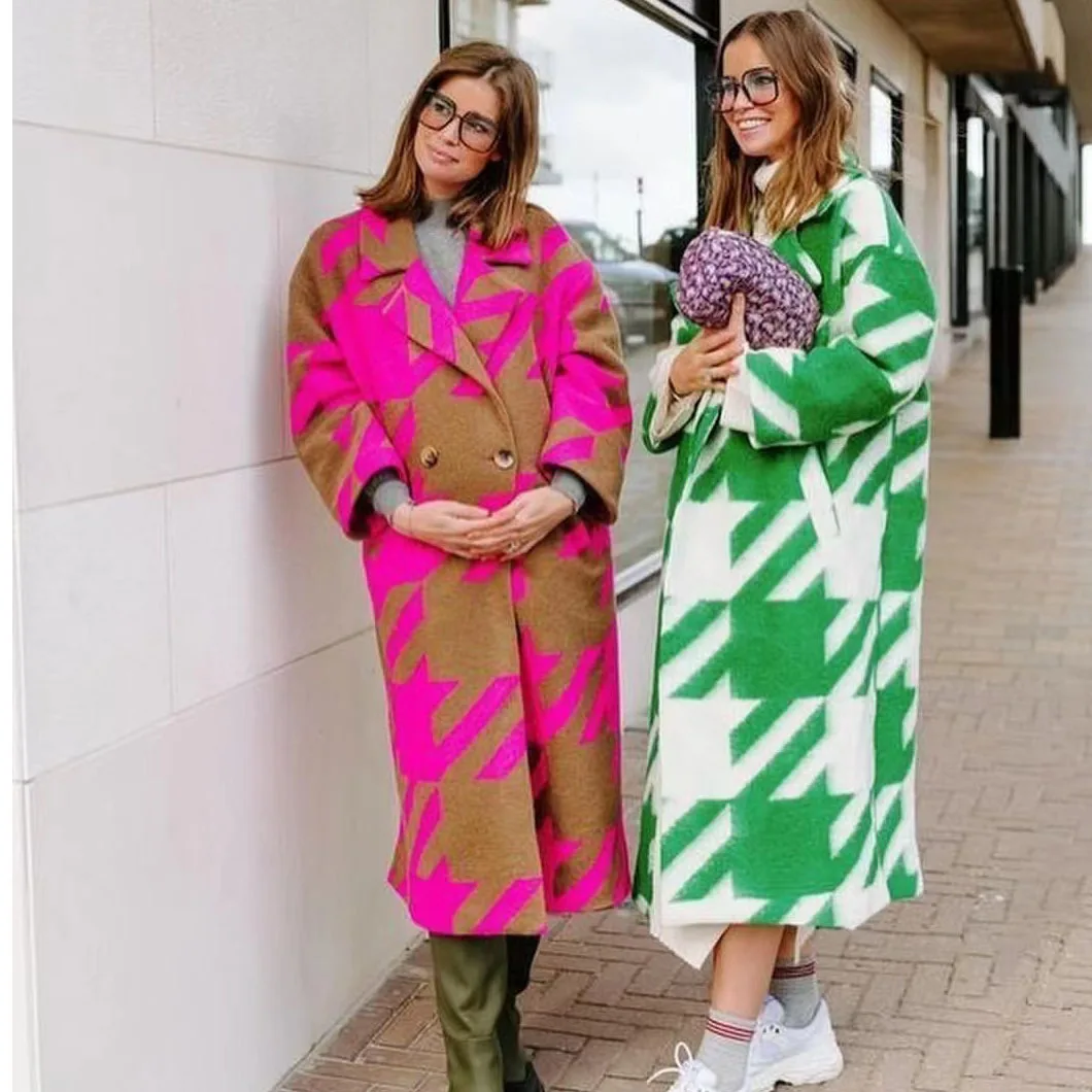 Print Wool Long Jacket Women Button Turn Down Collar Spliced Coats Blends Casual Pockets Cardigan Full Sleeve Jackets Autumn