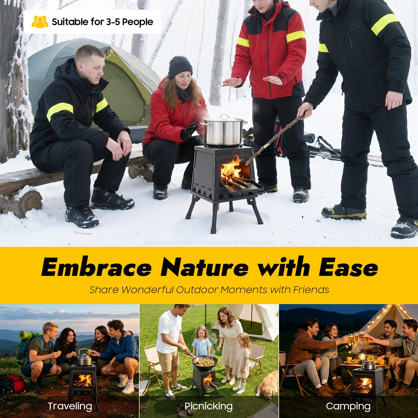 Schwarz/Grün Zeltkocher Tragbarer Windgeschützter Klappbarer Holzofen für Outdoor-Zelte mit Verstellbarem Topfhalter und Großem Einfülltisch – Detail 3