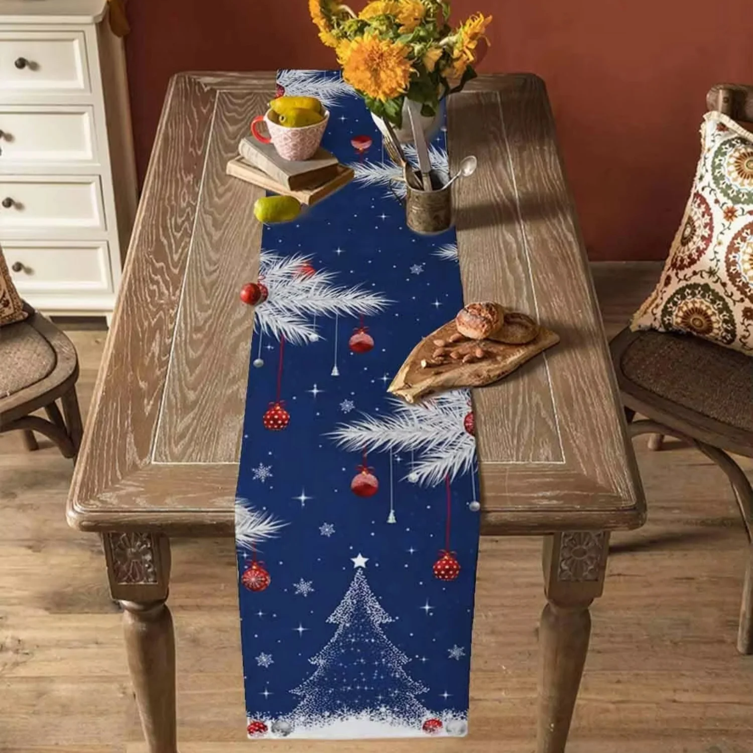 عيد ميلاد سعيد الكرة الصنوبر إبرة ندفة الثلج شجرة الأزرق الجدول عداء الشتاء المطبخ الطعام عيد الميلاد ديكور نسيج الكتان #5