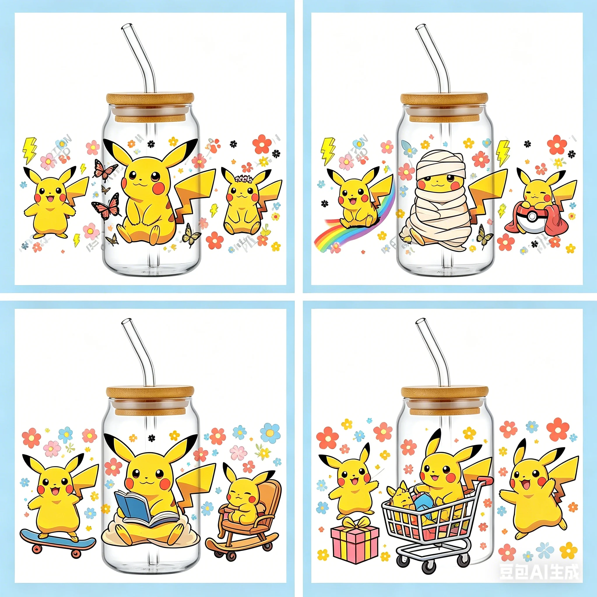 Kawaii Pikachu Pokémon Themenparty-Deko DIY-Aufkleber 3D-Transferdruck UVDTF Becher-Siegelaufkleber 16oz Becherummantelungen Heimdekoration
