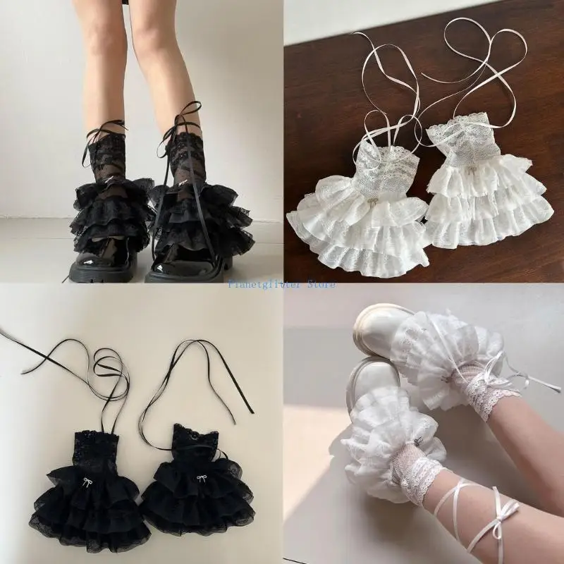 

652B Women Ruffle Lace Leg Warmer Sweet Over the Calf Socks Mesh Flared Leg Socks Princess Leg Sleeves Halloween Costumes