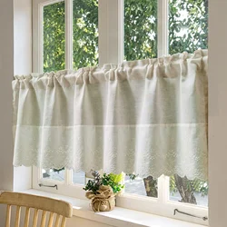 Beige Splicing Short Curtains Valance For Kitchen Cafe Barrier Natural Linen Blended Semi-translucent Small Half Curtain Voile