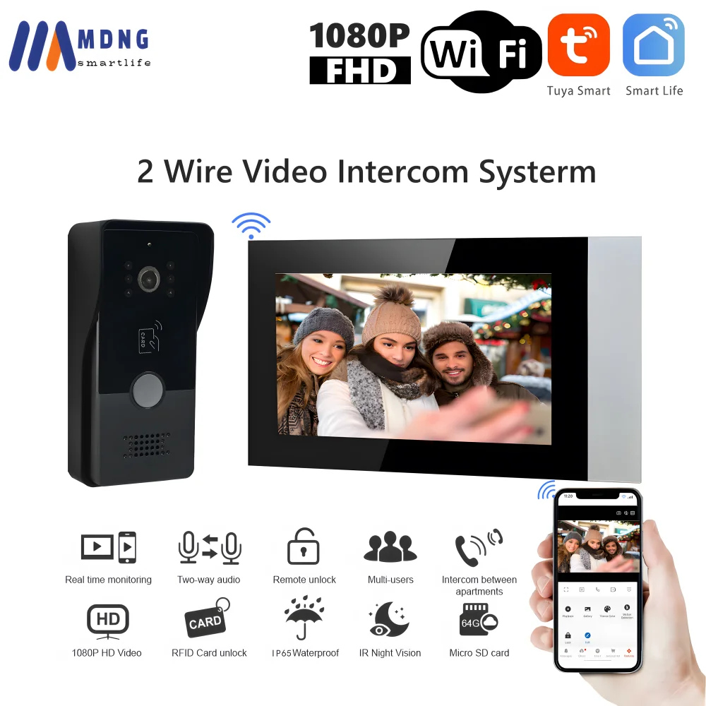 

2 Wires Smart Home Tuya Wifi Video Intercom 1080P Video Doorphone 7" Color Touch Screen Wireless Doorbell Gate Intercom System