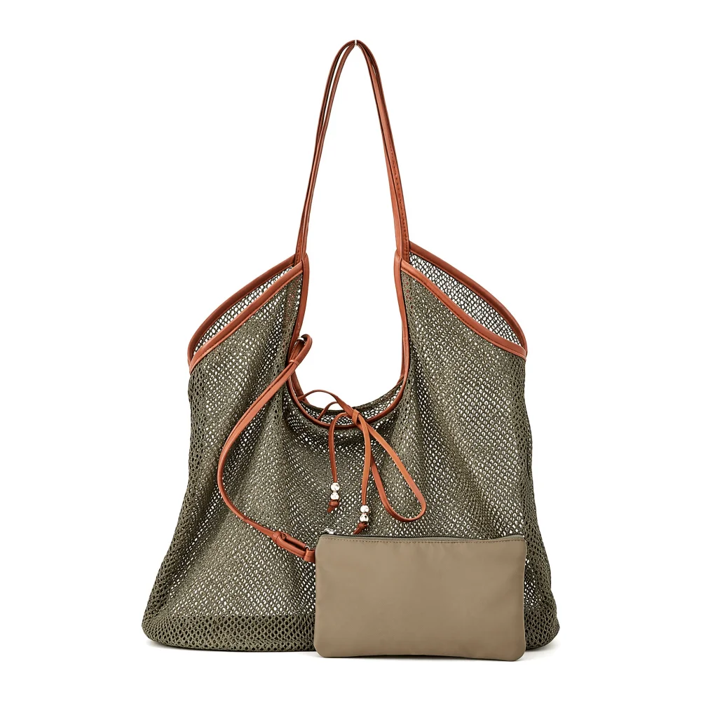 

BRLPONVE 2 PCS Set Beach Mesh Handbag Large Capacity Shoulder Bag Nylon Women's Casual Foldable Beach Picnic PU Edge
