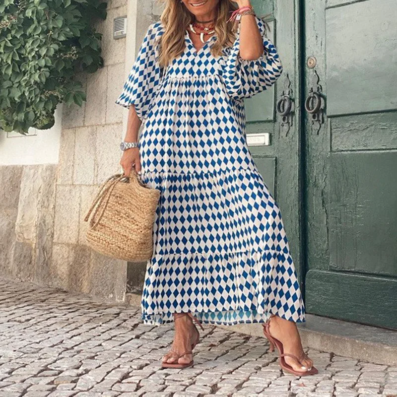 Boho Maxi vestido de manga folhada feminino, vestido longo de férias feminino, elegante vestido de praia, roupeiro solto casual, Floral, Verão, 2024