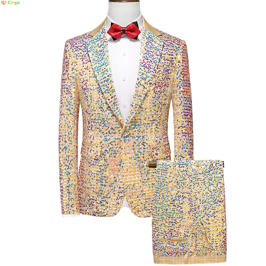 Gold Sequins Men's Suit Two Piece,Wedding Party Dress Jacket with Trousers, Stage Performance Sets, Asian Size M-6XL