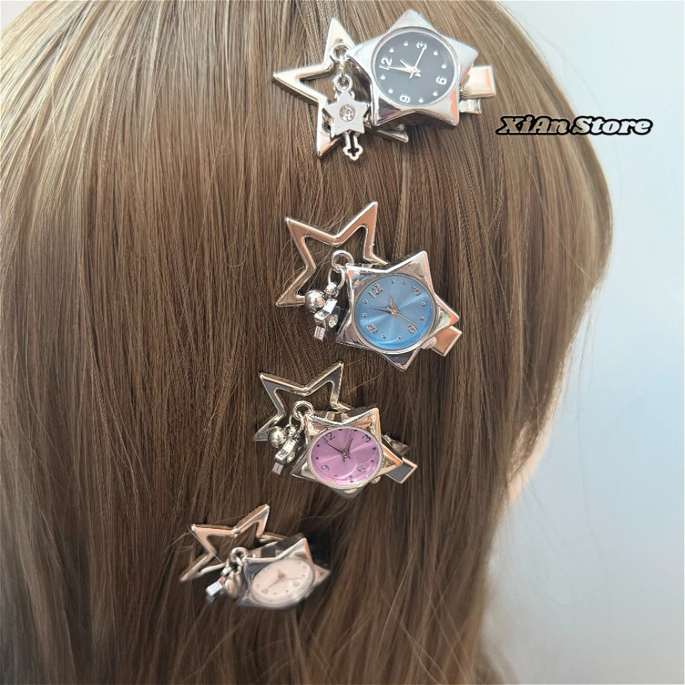 Punk Aesthetics Star Watch Hair Clip Silver Alloy Dangle Charm Hair Barrette Practical Time Decor Accessory Subculture Girls