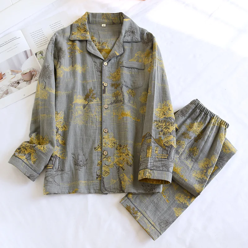 

Мужские пижамы можно носить на улице, весна-осень, тонкая хлопковая рубашка с длинными рукавами, брюки, домашняя одежда, мужской пижамный комплект