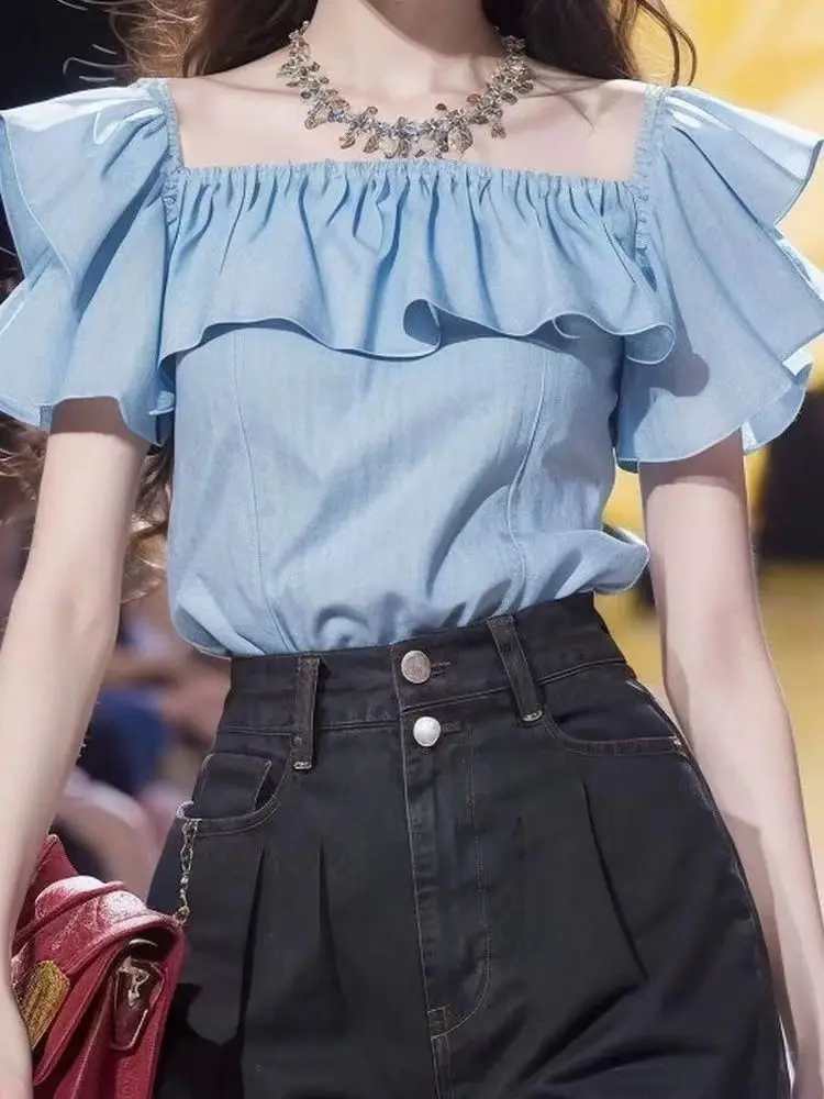 Korea Ruffle Square Neck Short Sleeve Shirt Women Summer Short Tops Girl 2024 New