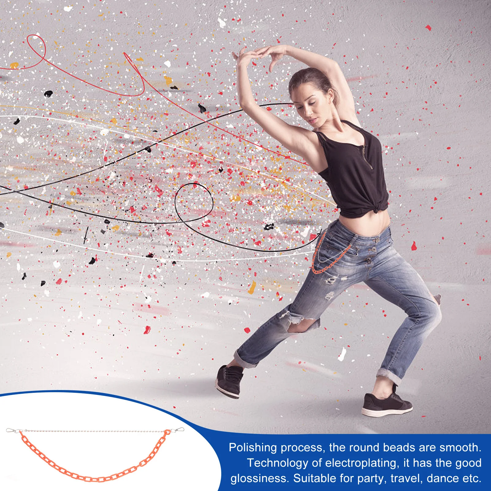 Geometric Body Chain Orange Acrylic Iron Lightweight Durable Smooth Beads Electroplated Metal Waist Chain For