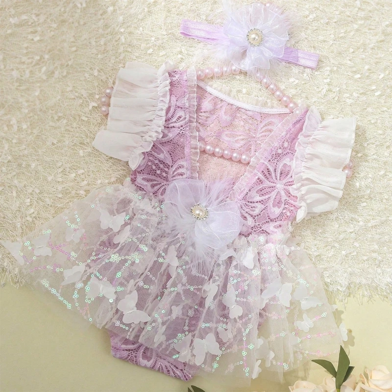 

Lace Baby Photo Outfit Newborn Photography Costume Handmade Knit Fabric Bodysuit And Floral Headband For Girls 0-1 Month 24BE