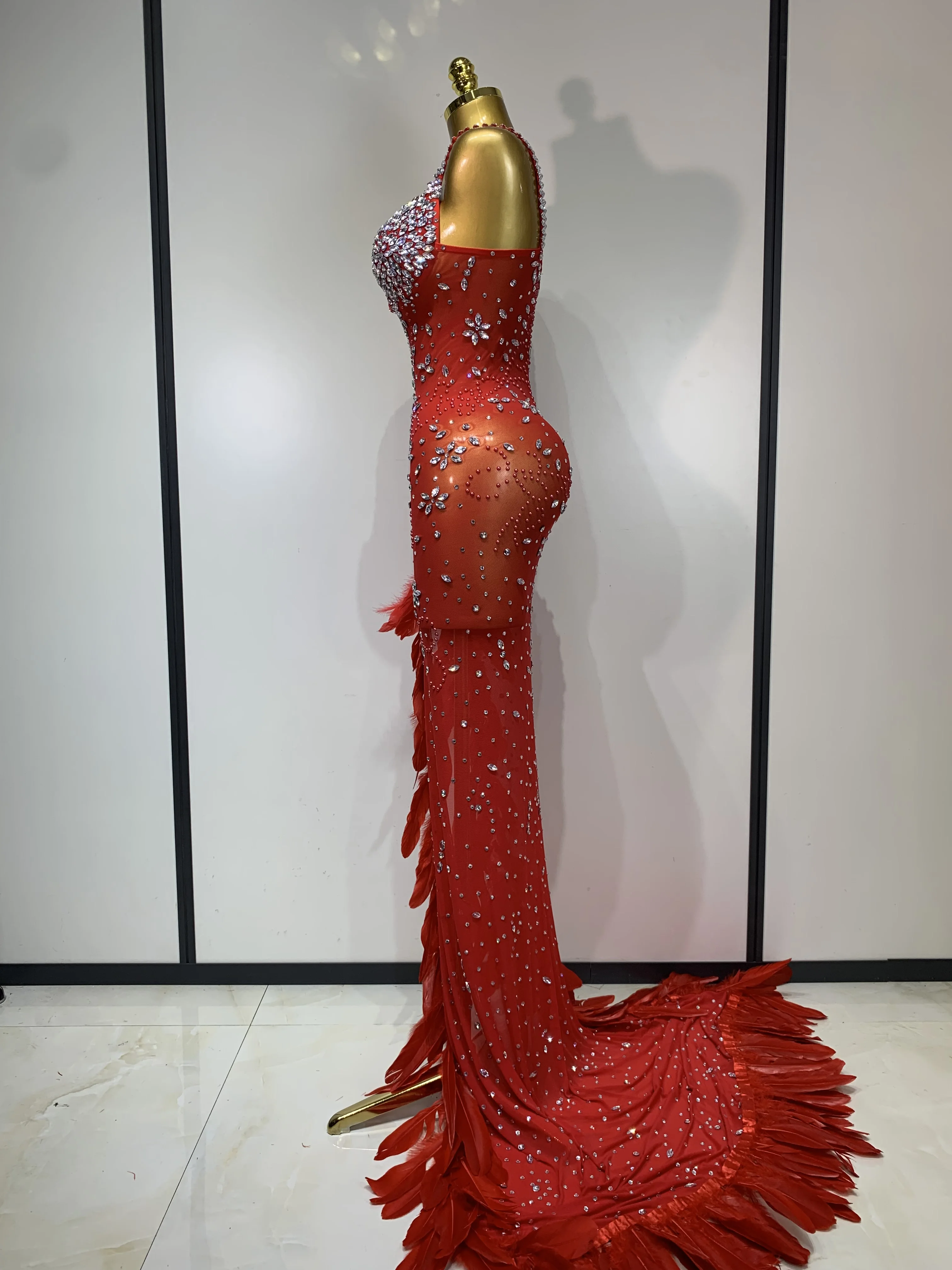 Women Sparkly Rhinestone Feather Mesh Transparent Maxi Long Dress Sexy Backless Birthday Evening Party Singer Stage Costume