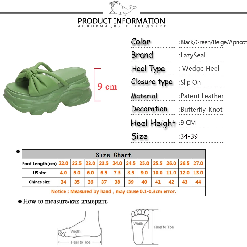 LazySea 9cm High Wedge Heels Slides Sandals Green Color Butterfly Knot Women Platform Slippers Height Increasing Outside Shoes