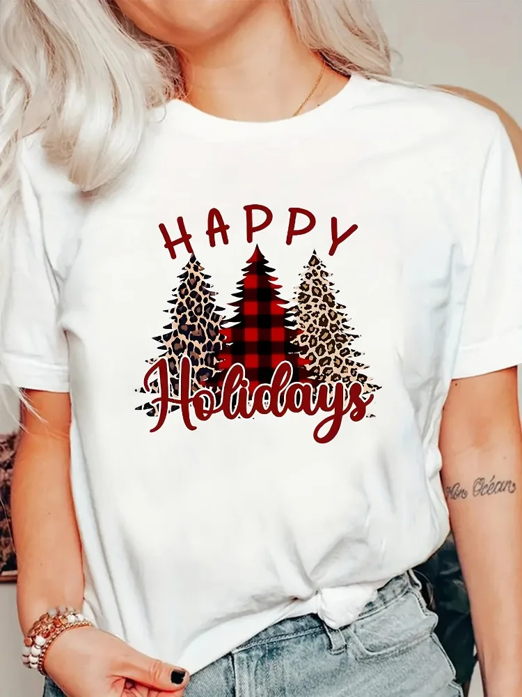 Women's Merry Christmas Tree Print T-Shirt Soft Cartoon Crew Neck Short Sleeve Holiday Casual T-Shirt Christmas Clothing