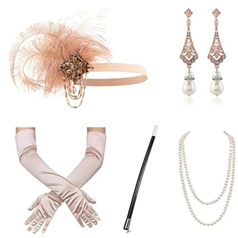 

Y166 Women Flapper Accessories Gatsby Party Costume Feather Headband Necklace Earring Gloves Holder for Cocktail Party Prom